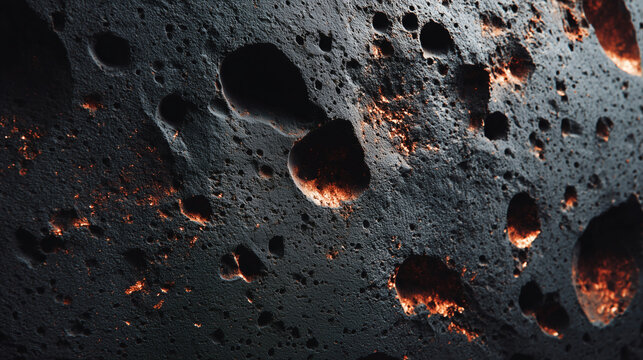 Superficie de asteroide con cr&aacute;teres iluminados en entorno espacial