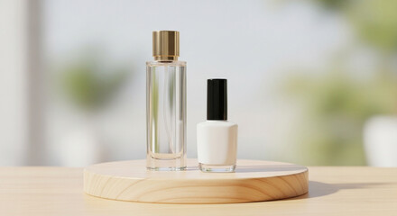 3D rendering mockup of two cosmetic bottles, one perfume bottle and one white nail polish bottle on pack, placed on a natural wooden podium, isolated with a soft blurred natural background, realistic 