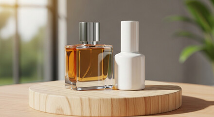 3D rendering mockup of two cosmetic bottles, one perfume bottle and one white nail polish bottle on pack, placed on a natural wooden podium, isolated with a soft blurred natural background, realistic 