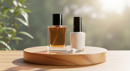 3D rendering mockup of two cosmetic bottles, one perfume bottle and one white nail polish bottle on pack, placed on a natural wooden podium, isolated with a soft blurred natural background, realistic 