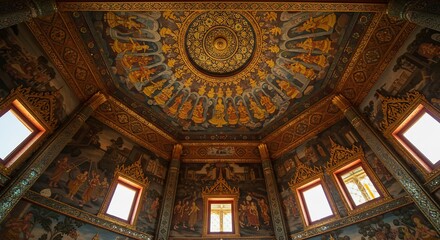 Obraz premium 壮麗な寺院の天井画、金箔輝く円形中央部と精緻な壁画が周囲を飾る