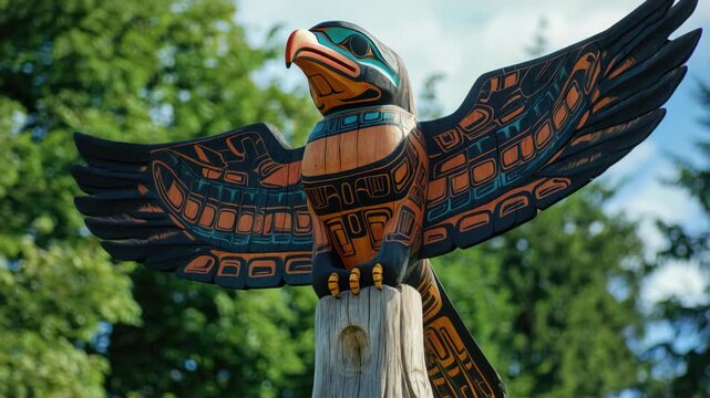 Native American-inspired totem pole with a carved eagle and other birds, symbolizing connection to nature and spirits.