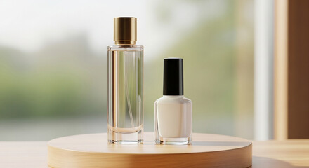 3D rendering mockup of two cosmetic bottles, one perfume bottle and one white nail polish bottle on pack, placed on a natural wooden podium, isolated with a soft blurred natural background, realistic 