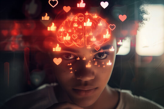 Portrait of Black teenager girl looking into camera with digital brain and social media icons overlaying face, illustrating technology influence on youth mental health and emotions