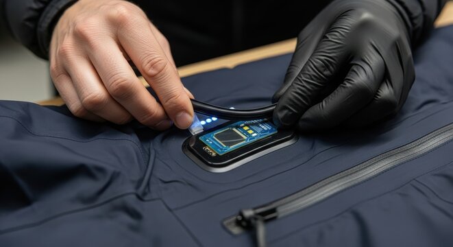 Male technician installing smart circuit on jacket with digital display