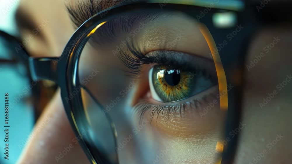 Poster the person is using high-tech glasses with a digital interface to analyze the eye.