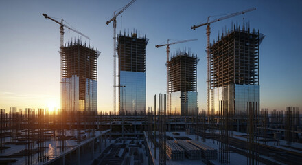 3D rendering of a  skyscraper under construction, no people and no vehicles, morning atmosphere with soft sunrise light, realistic details, modern architecture, clean composition, no text