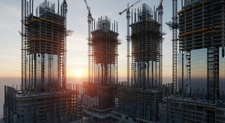 3D rendering of a  skyscraper under construction, no people and no vehicles, morning atmosphere with soft sunrise light, realistic details, modern architecture, clean composition, no text