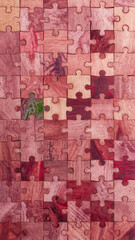 Unique arrangement of vibrant puzzle pieces showcasing intricate patterns and earthy tones in a creative display of artistry