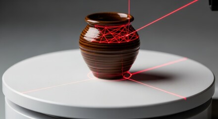 3d scanning of ceramic vase with laser technology on rotating platform
