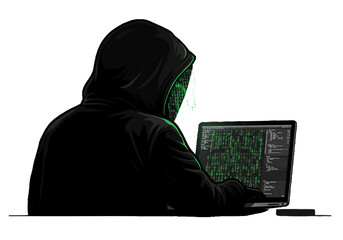 Person in a black hoodie facing away from the viewer while using a laptop with green code on screen on transparent background