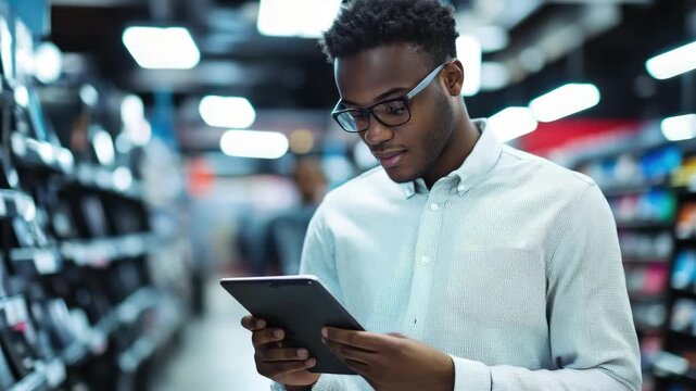 African American man in retail store looking at tablet screen.
