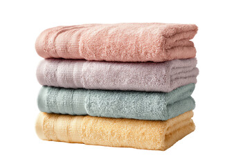 Stack of four pastel-colored towels.  Soft, textured, folded neatly