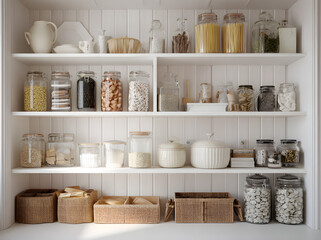 Despensa de alimentos organizada en una acogedora casa de estilo escandinavo en colores blancos. Vista de frente y de cerca. 
