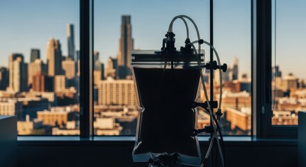 Iv bag silhouette against city skyline at sunset in medical setting