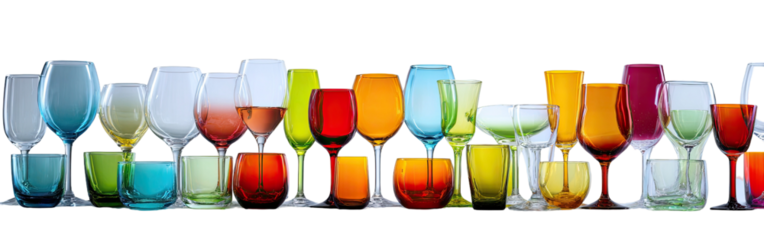 Colorful assortment of drinking glasses in various shapes and vibrant hues