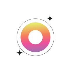  A sleek and modern abstract donut or ring-shaped object with a smooth gradient of pink, orange, and yellow, encircled by a soft orbital line and accented by sparkling black stars