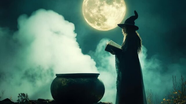 Mystical witch in moonlight casting potion spells with ancient book and cauldron