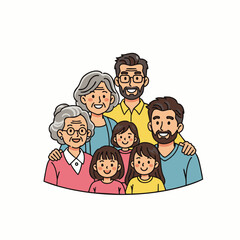 A cheerful, diverse multi-generational family portrait illustration with grandparents, parents, and children smiling together.