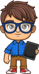 Cartoon Character Geek Boy with Glasses Using Tablet - Vector Illustration