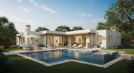 Fototapeta premium Modern One-Story Villa with Swimming Pool, Sun Loungers, and Elegant Outdoor Living