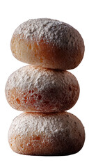 Three sugared, round pastries stacked vertically