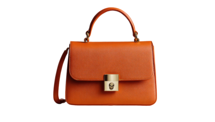 Small, orange leather handbag with top handles and shoulder strap