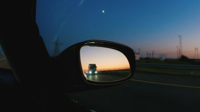 In side rearview mirror of car, you can see a truck driving along highway at dusk. The sky is changing from blue to orange, and crescent moon is visible above it. Driving a car on a highway at dusk