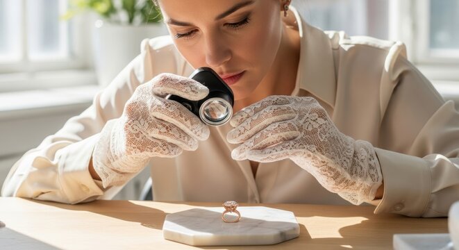 Female jeweler examines diamond ring with loupe in sunlit workspace - Powered by Adobe