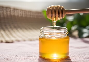 Golden honey dripping from wooden dipper into glass jar