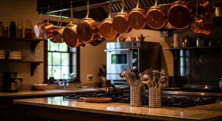 Rustic kitchen with hanging copper pans and stainless steel utensils on granite countertop