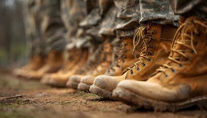 Section of soldiers legs in military uniform and boots standing in line at camp, american army