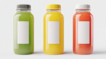 Three colorful fruit juices in clear bottles isolated on white background