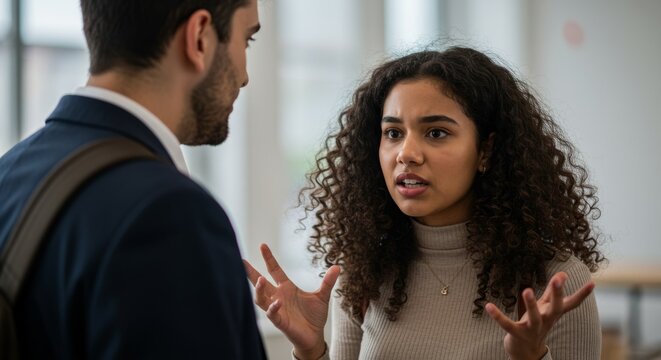 A young woman argues angrily or indignantly with a man