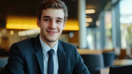 A young man in a suit smiling for the camera, indicating professionalism and career advancement.