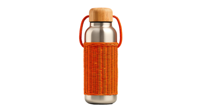 A stainless steel water bottle with a vibrant orange woven wrap and wooden lid.  The wrap creates a textured look around the bottle,  and orange straps facilitate carrying