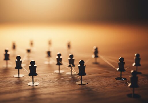 木製のテーブル上に、糸で繊細に繋がれた無数の小さな人形が配置され、温かい光に照らされています。