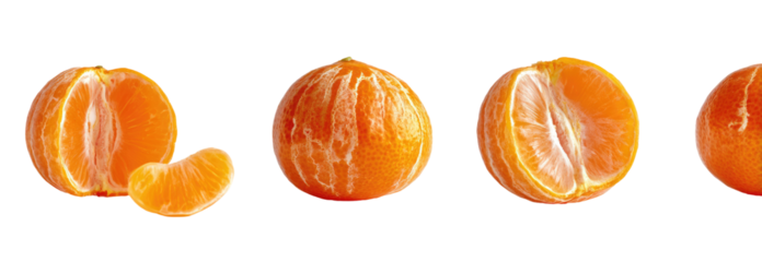 Four segmented mandarin oranges, displayed against a black background.