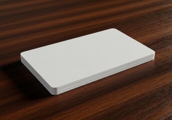 Fototapeta premium 木目調のテーブルに整然と置かれた白い名刺が、清潔感を漂わせる。
