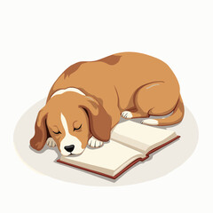 Beagle dog napping peacefully beside an open book on white background  