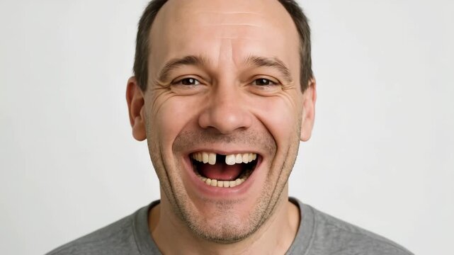 Person smiling broadly with missing teeth in a simple setting showcasing happiness and confidence