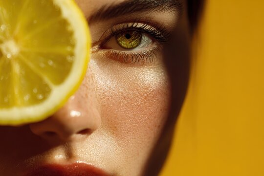 Close up of a woman s face with a lemon emphasizing health and beauty - Powered by Adobe