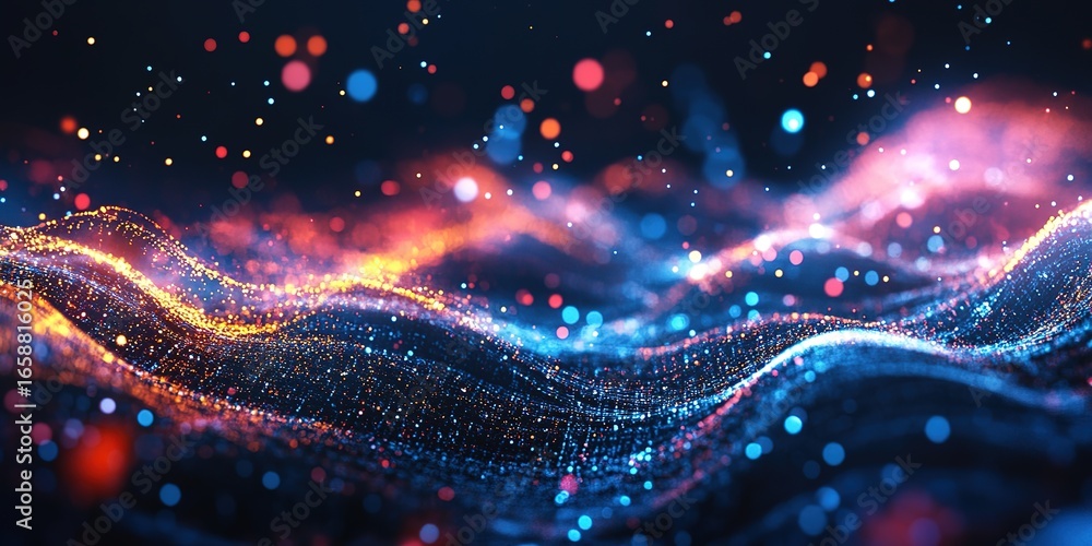 Poster abstract rendering of flowing light waves with bokeh effect and colorful particle distribution