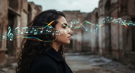 Young hispanic female surrounded by music notes in ruins