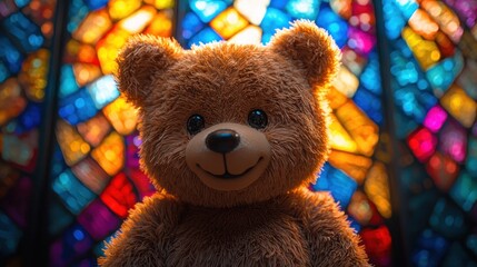 Adorable Teddy Bear Before Stained Glass Window
