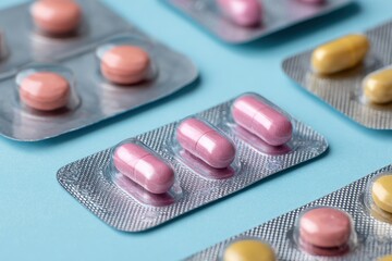 Close up of blister packed pills on a blue backdrop