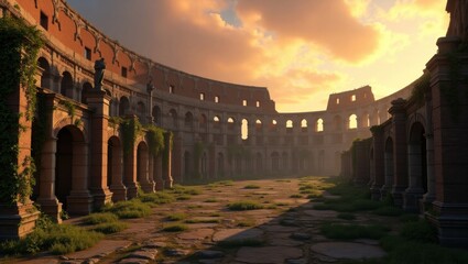Ruined Roman colosseum with crumbling stone walls, overgrown with lush green