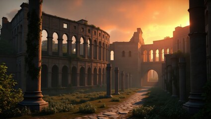 Ruined Roman colosseum with crumbling stone walls, overgrown with lush green