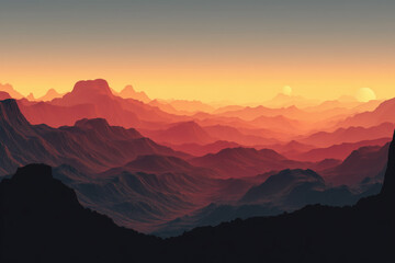 Fototapeta premium Futuristic alien mountain landscape at sunset