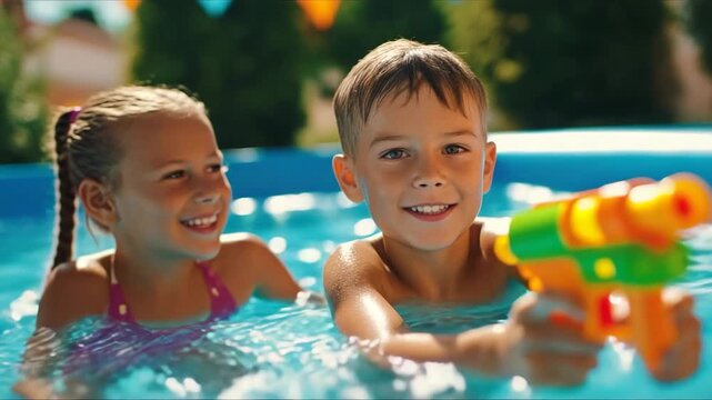 Kids enjoy a fun water fight in a backyard pool on a sunny day with colorful water guns